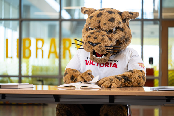 jaX the mascot sitting at a table in the library with a book