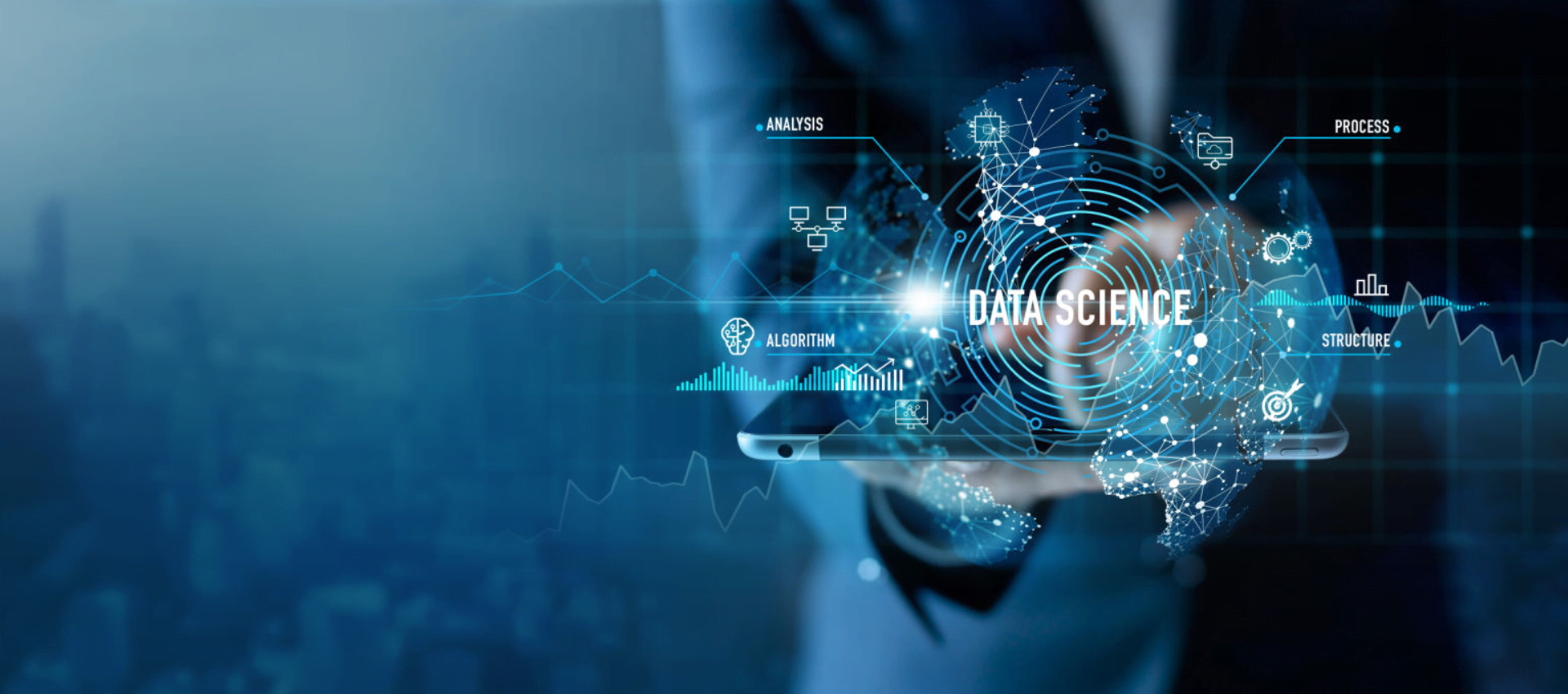 Person holding a tablet with holographic data science elements including graphs, algorithms, and process icons.