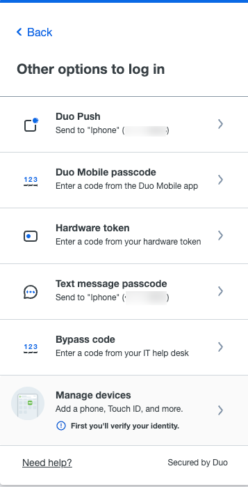DUO login 2 factor authentication options