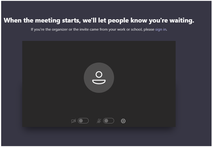 Screen shot of Teams meeting starting and options to toggle camera and mic on