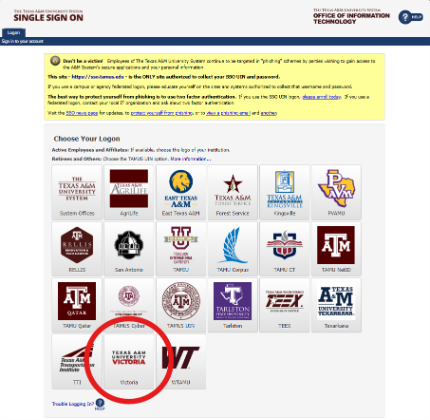 Texas A&M Single Sign-On Page Texas A&M University-Victoria icon location