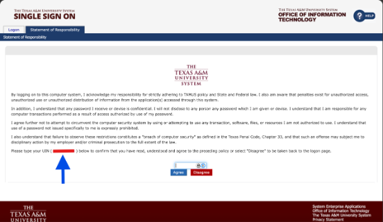 A&M System SSO Statement of Responsibility screen