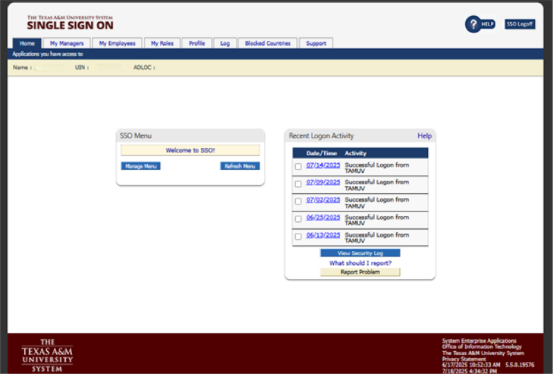 Texas A&M Single Sign-On Menu screen
