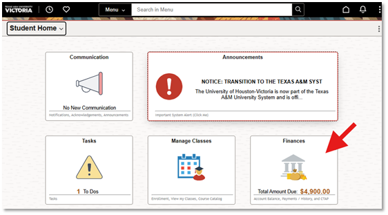 The Finance tile is located on the lower right side of the screen.