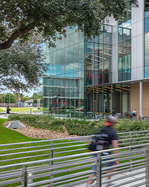Modern building with large glass windows, landscaped front area, and a person walking on the sidewalk surrounded by trees.