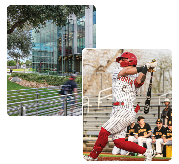 collage showing the University South building and Baseball player swinging a bat.