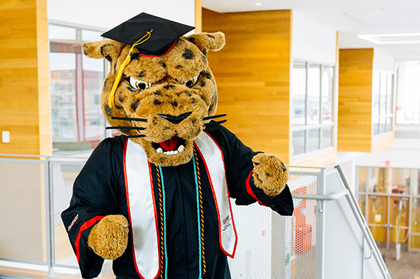 jaX the Mascot poses in a cap and gown.
